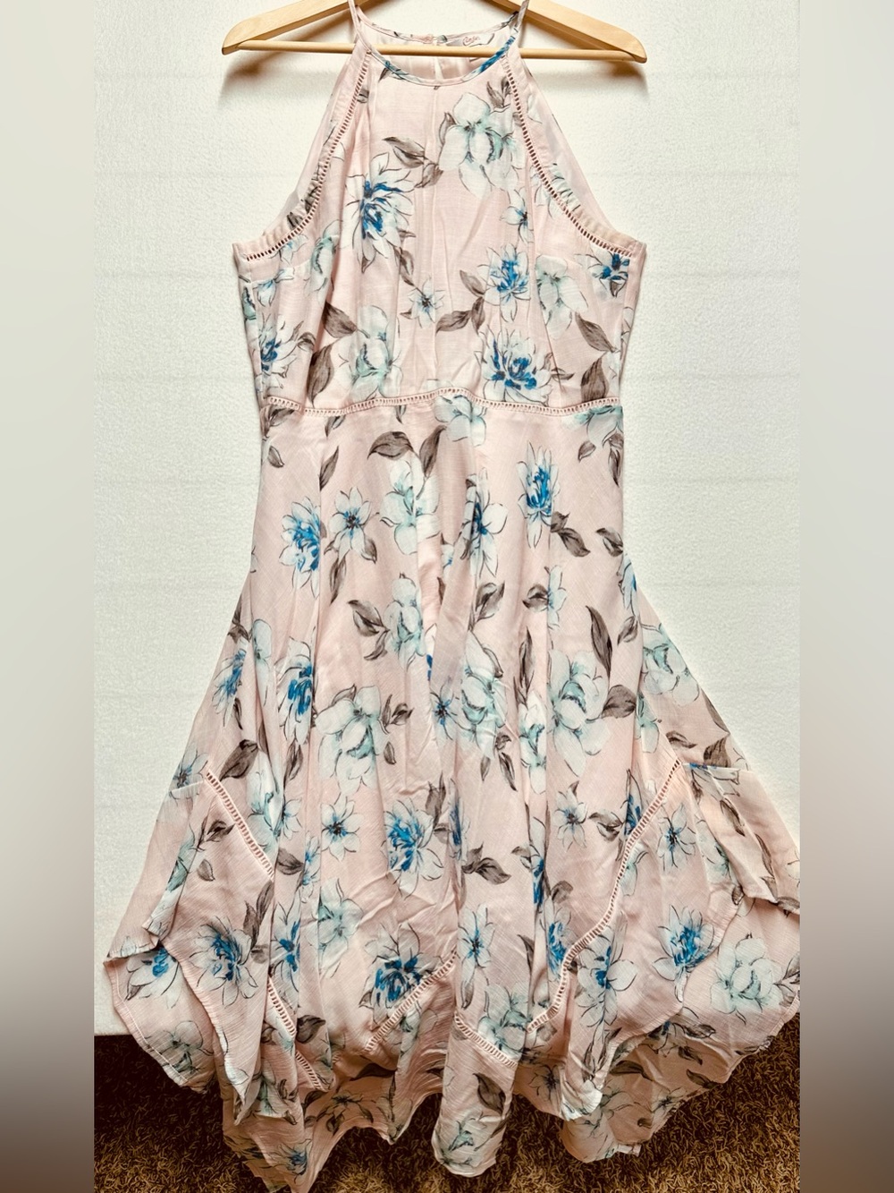 Candie’s Floral Halter Dress – XL – Pink & Blue Print – Asymmetrical Hem P2P 21”